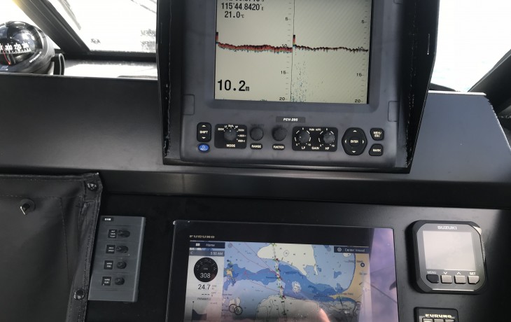 A Furuno FCV 295   in a Fibrelite  anti-theft cowling; Furuno TZT display securely installed into the dash.  Great picture at 25 knots