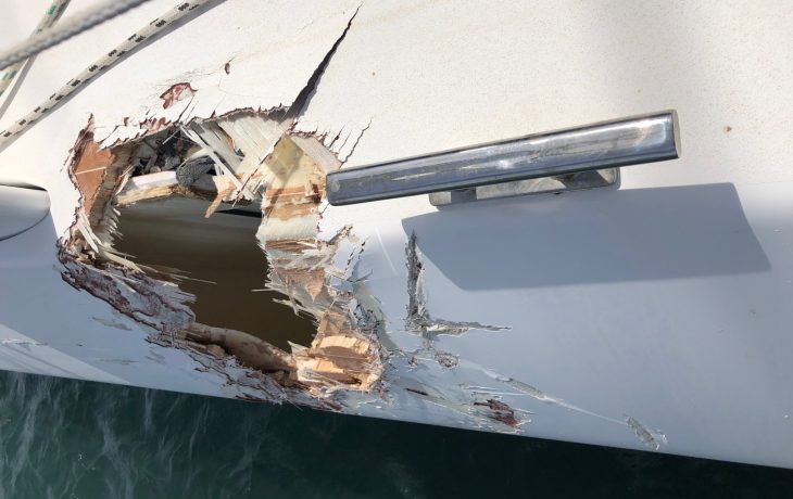 Additional internal and external damage leaving  a hole1000 x 700 mm in the starboard side of the catamaran 